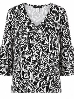 Arabella 3X Shirt Top Black Geometric Split Bell 3/4 Sleeve V Neck Stretch Women